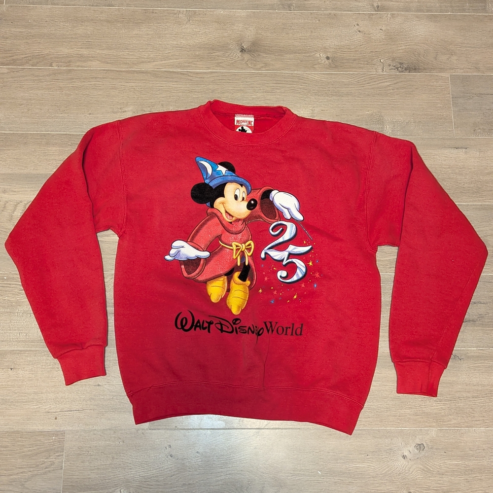 Vintage Walt Disney Red Crewneck Sweater with Mickey Mouse Fantasia 25 Years